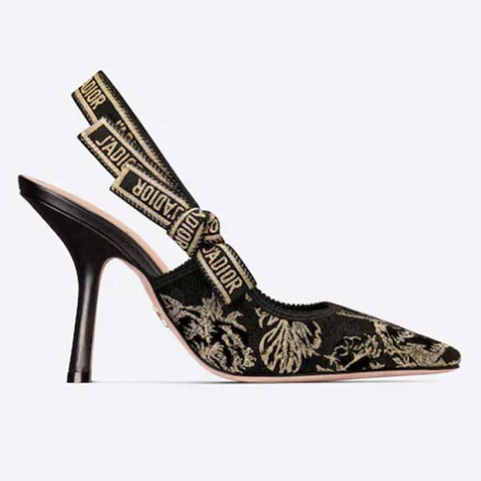 Dior Women CD J'Adior Slingback Pump Black Gold-Tone Velvet Embroidered Jardin D'Hiver