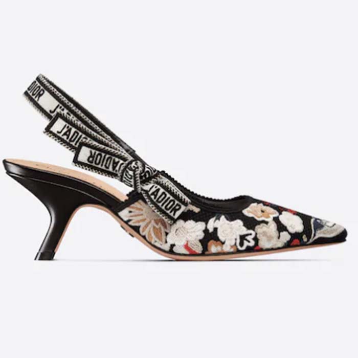 Dior Women CD J'Adior Slingback Pump Black Multicolor Embroidered Cotton Toile De Jouy Pop