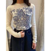 Dior Women CD Sweater Ecru Cashmere Knit Blue Dior Sevilla Star Motif (10)