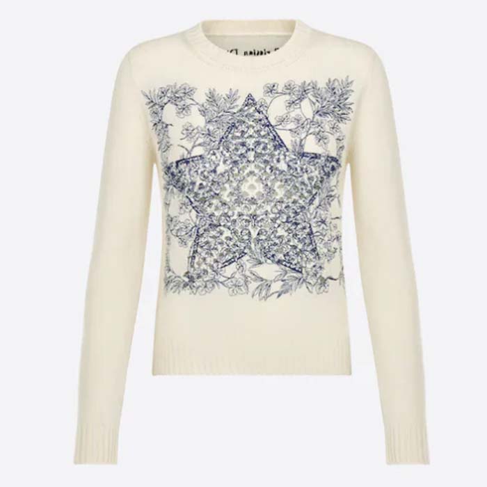 Dior Women CD Sweater Ecru Cashmere Knit Blue Dior Sevilla Star Motif
