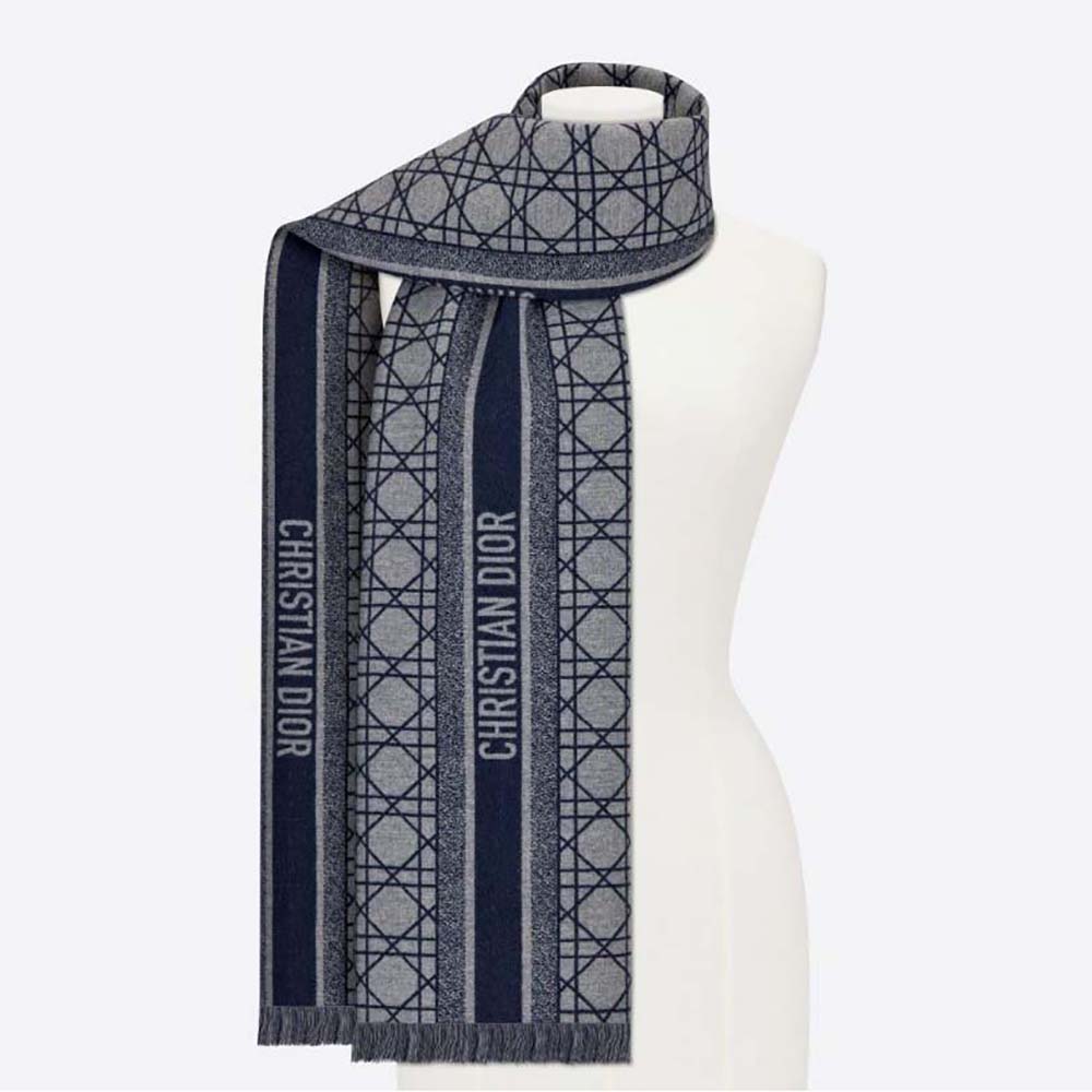 Dior Women Cannage Scarf Navy Blue and Gray Cashmere and Virgin Wool