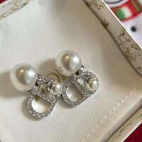 Dior Women Tribales Earrings Silver-Finish Metal with White Resin Pearls and Silver-Tone Crystals (1)