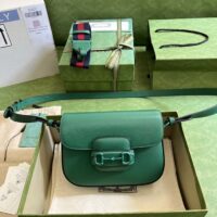 Gucci GG Women Horsebit 1955 Small Shoulder Bag Green Leather Horsebit Detail