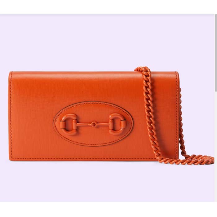 Gucci GG Women Horsebit 1955 Wallet Chain Orange Leather Orange Brass Hardware