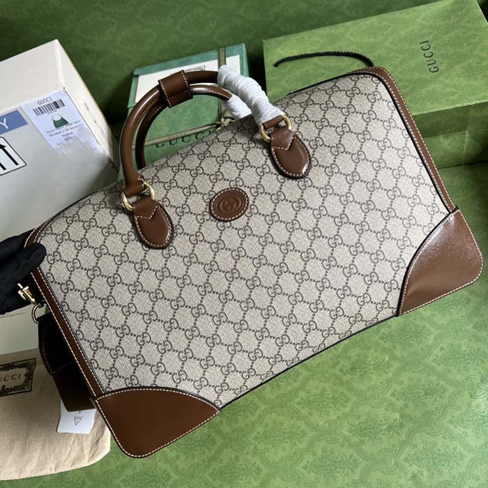 Gucci Unisex Duffle Bag Interlocking G Beige Ebony GG Supreme Canvas Leather (10)