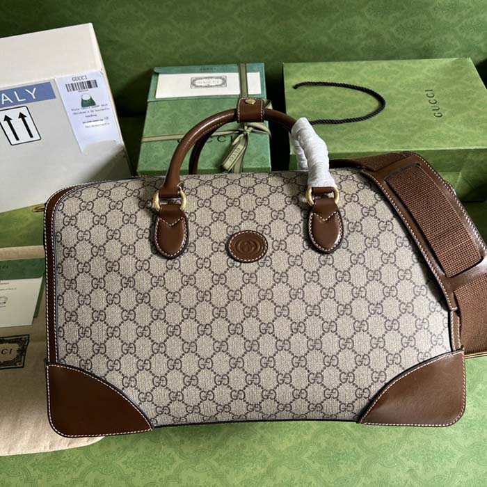 Gucci Unisex Duffle Bag Interlocking G Beige Ebony GG Supreme Canvas Leather (7)