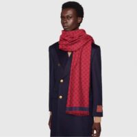 Gucci Unisex GG Jacquard Cotton Stole Red Blue Fringe (2)