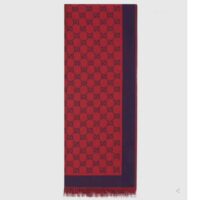 Gucci Unisex GG Jacquard Cotton Stole Red Blue Fringe (2)