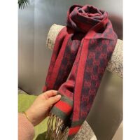 Gucci Unisex GG Jacquard Cotton Stole Red Blue Fringe (2)