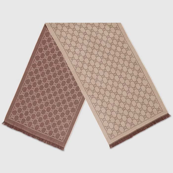 Gucci Unisex GG Jacquard Knitted Scarf Light Brown Fringe Edges