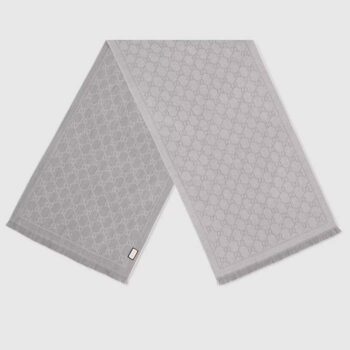 Gucci Unisex GG Jacquard Knitted Scarf Silver Light Grey GG Fringe Edges