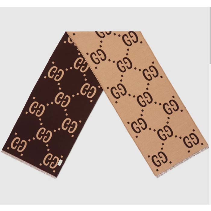 Gucci Unisex GG Jacquard Wool Silk Scarf Brown Beige GG Jacquard Wool Silk