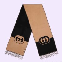 Gucci Unisex GG Wool Interlocking G Scarf Pink Black Wool Fringe Trim (1)