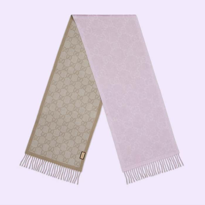 Gucci Unisex GG Wool Scarf Beige Mini GG Lilac Tassel Detail