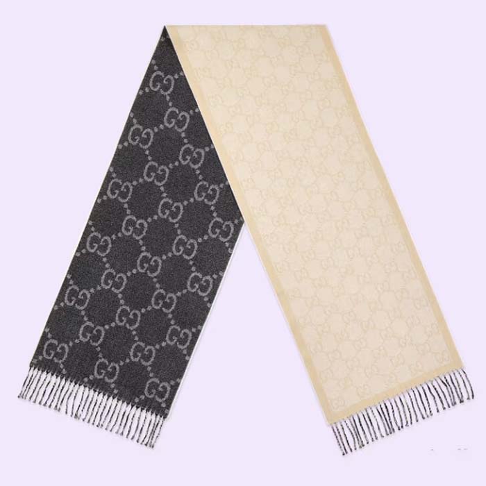 Gucci Unisex GG Wool Scarf Ivory Mini GG Black Tassel Detail