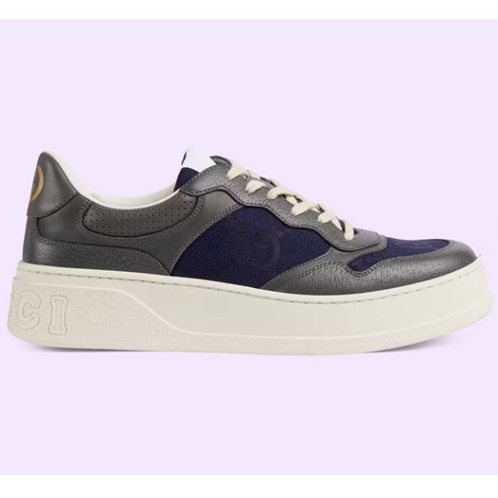 Gucci Unisex Lace-Up Sneaker Grey Leather Blue Black GG Canvas Mid 5.6 Cm Heel