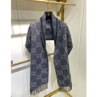 Gucci Unisex GG Jcquard Pattern Knit Scarf Tassels Grey Wool Light Grey GG (1)