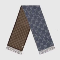 Gucci Unisex Original GG Jacquard Knit Scarf Tassels Navy Light Brown Organic Wool (3)