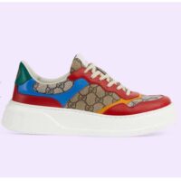 Gucci Unisex Sneaker Beige Blue GG Supreme Canvas Interlocking G 5.6 Cm Heel