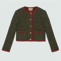 Gucci Women GG Cable Knit Wool Jacket Dark Green Collarless Wool Cotton (2)