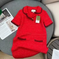 Gucci Women GG Cable Stitch Wool Dress Red Polo Collar Short Sleeves (7)