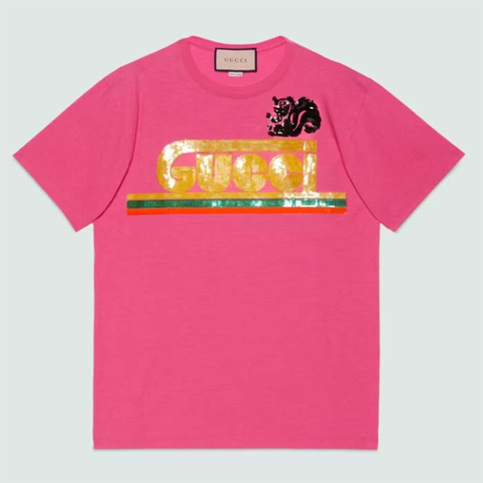 Gucci Women GG Cotton T-Shirt Skunk Embroidery Fuchsia Jersey Crewneck Short Sleeves
