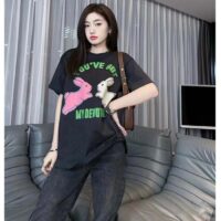 Gucci Women GG HA HA HA Bunny T-Shirt Black Medium Cotton Jersey Crewneck (5)