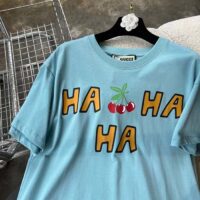 Gucci Women GG HA HA HA Cherry T-Shirt Light Blue Medium Cotton Jersey Crewneck (6)