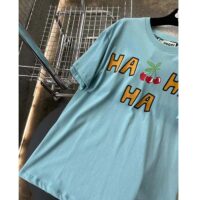 Gucci Women GG HA HA HA Cherry T-Shirt Light Blue Medium Cotton Jersey Crewneck (6)