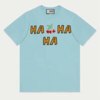 Gucci Women GG HA HA HA Cherry T-Shirt Light Blue Medium Cotton Jersey Crewneck