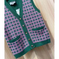 Gucci Women GG HA HA HA Square G Vest Green Pink Wool Jacquard V-Neck Sleeveless (10)