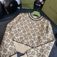 Gucci Women GG Horsebit Cashmere Jacquard Sweater Camel Brown Wool Crewneck (9)