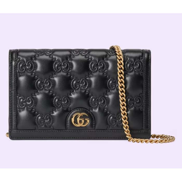 Gucci Women GG Matelassé Chain Wallet Black Leather Double G Chain Strap