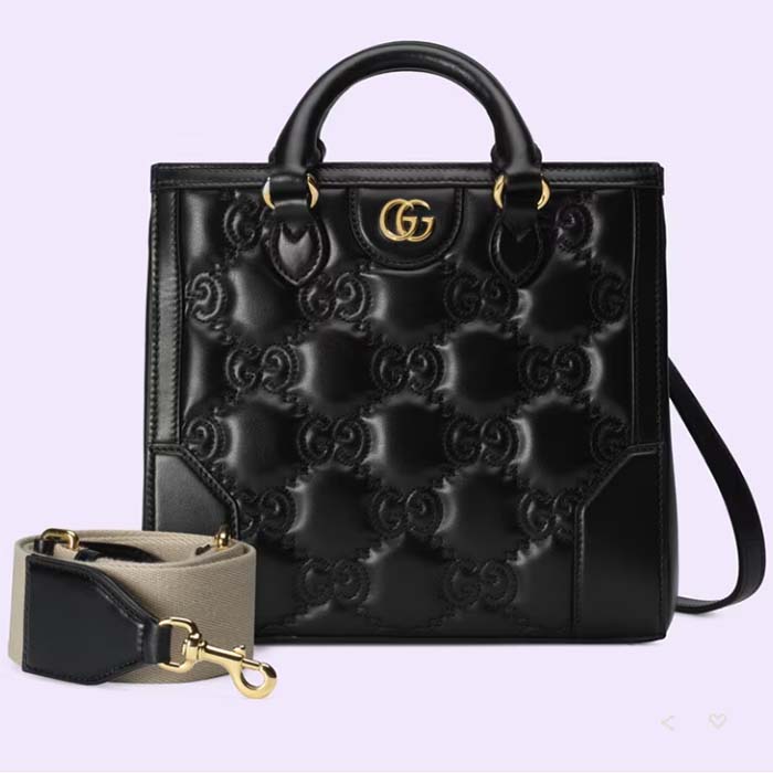 Gucci Women GG Matelassé Mini Top Handle Bag Black Leather Double G