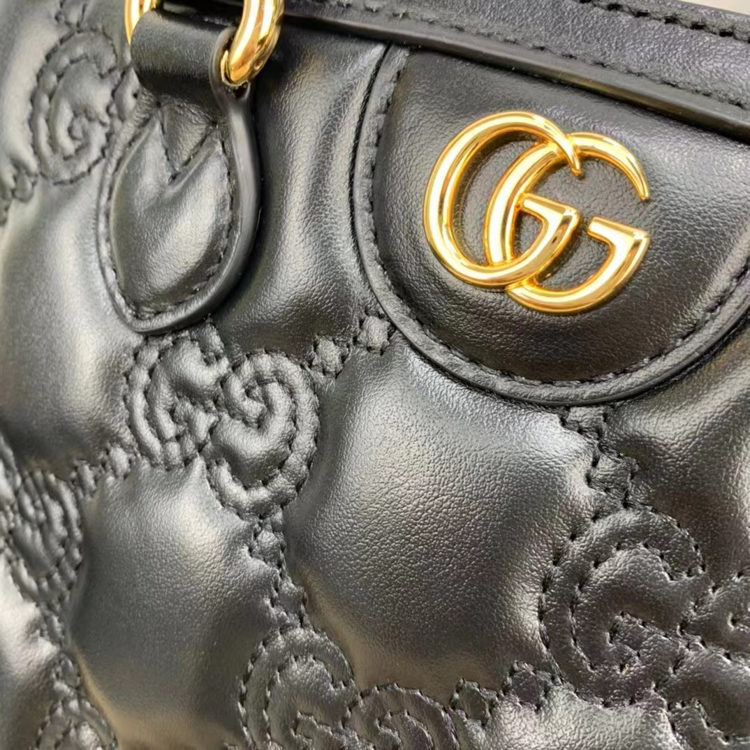 Gucci Women GG Matelassé Mini Top Handle Bag Black Leather Double G (7)