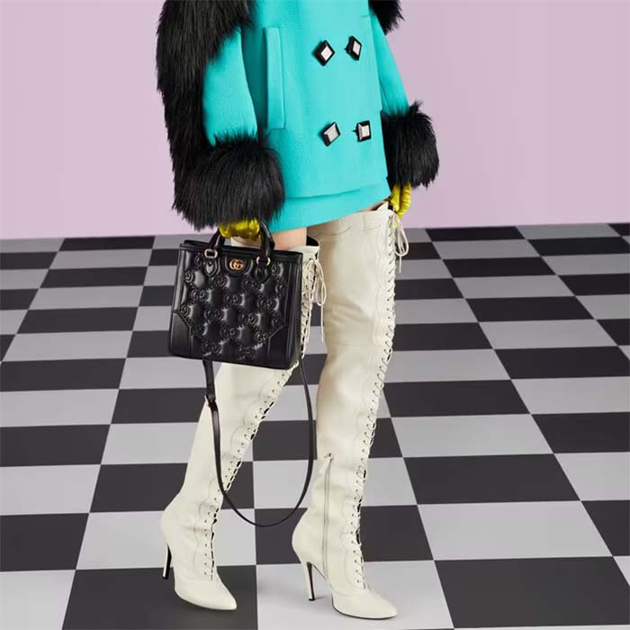 Gucci Women GG Matelassé Mini Top Handle Bag Black Leather Double G