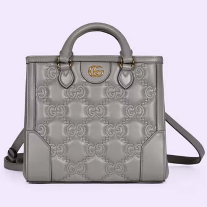 Gucci Women GG Matelassé Mini Top Handle Bag Dusty Grey Leather Double G