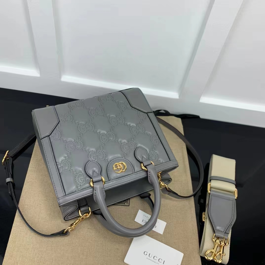 Gucci Women GG Matelassé Mini Top Handle Bag Dusty Grey Leather Double G (3)