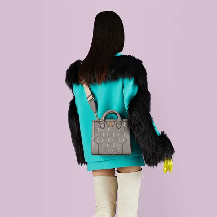 Gucci Women GG Matelassé Mini Top Handle Bag Dusty Grey Leather Double G (5)