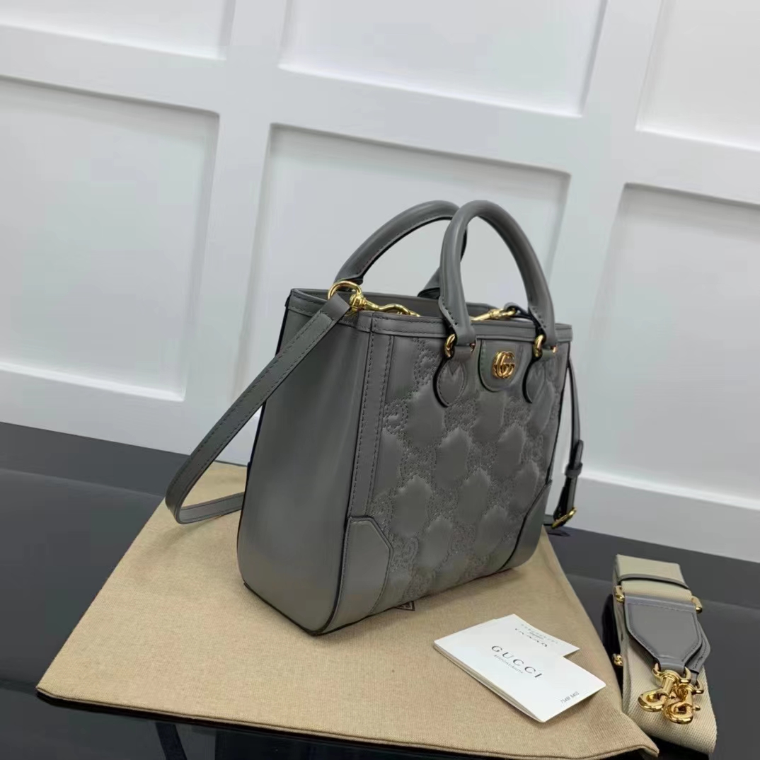 Gucci Women GG Matelassé Mini Top Handle Bag Dusty Grey Leather Double G (7)