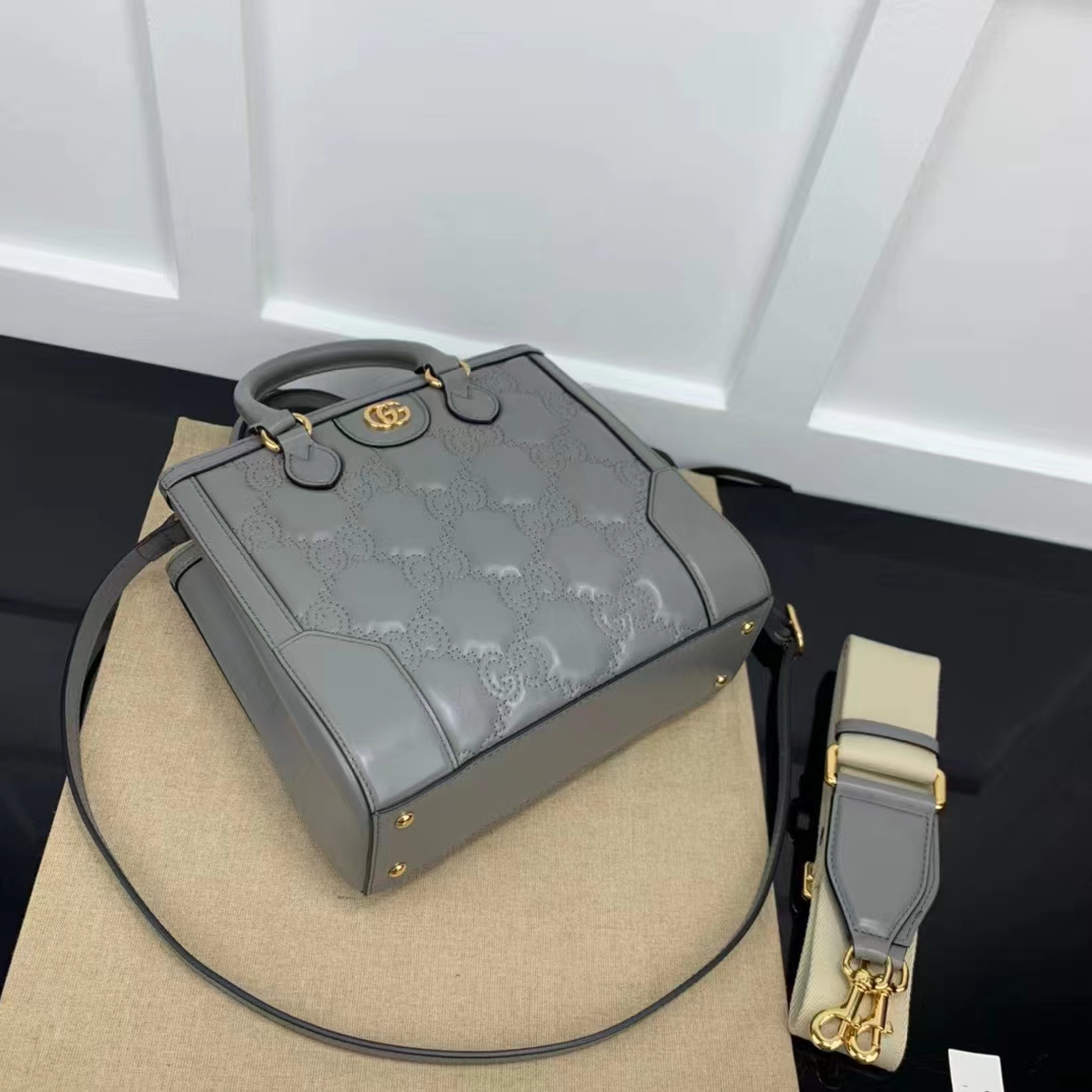 Gucci Women GG Matelassé Mini Top Handle Bag Dusty Grey Leather Double G (8)
