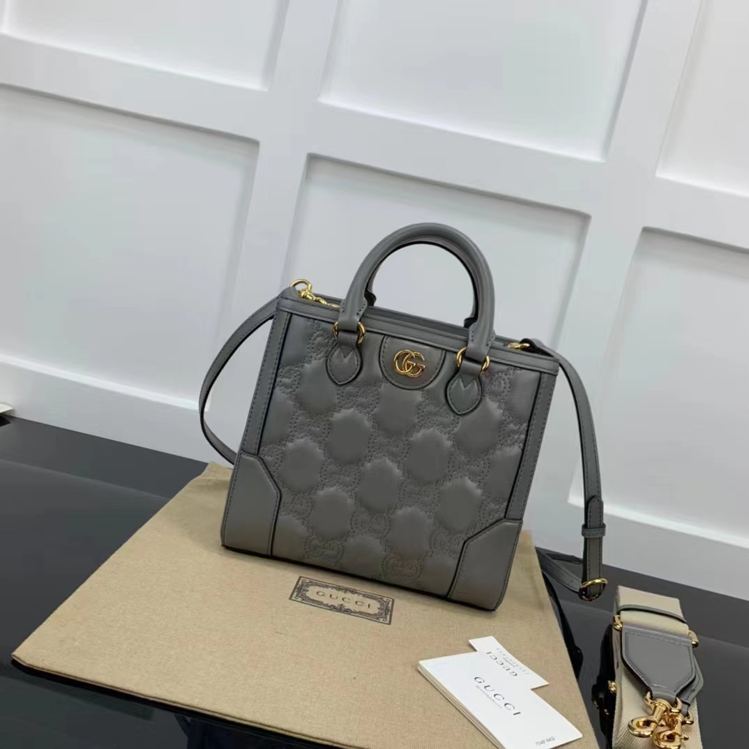 Gucci Women GG Matelassé Mini Top Handle Bag Dusty Grey Leather Double G (9)