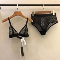 Gucci Women GG Tulle Lingerie Black Embroidered Elastic Stripe A Set Bra Briefs (9)