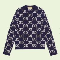 Gucci Women GG Wool Jacquard Sweater Blue Ivory Long Sleeves Crewneck (15)