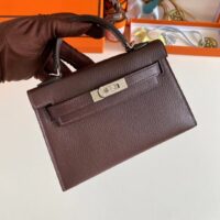 Hermes Women Mini Kelly 20 Bag Suede Leather Silver Hardware-Chocolate (4)