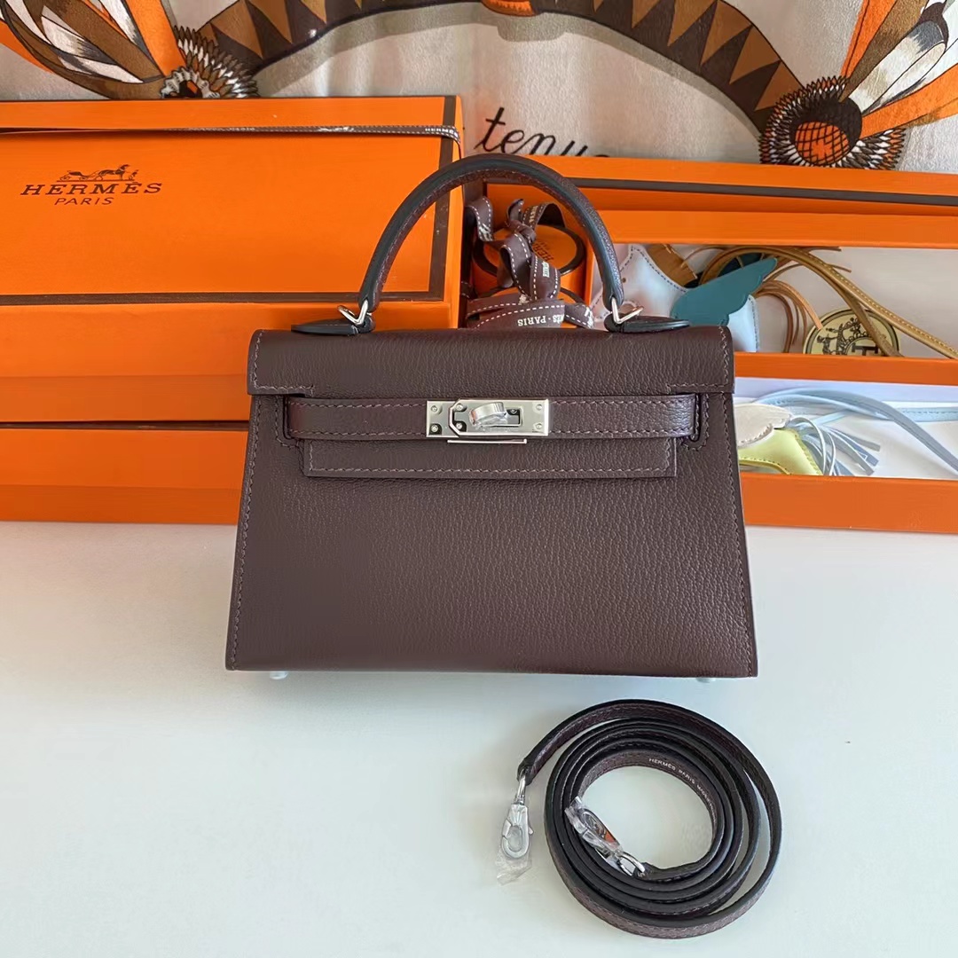 Hermes Women Mini Kelly 20 Bag Suede Leather Silver Hardware-Chocolate (6)