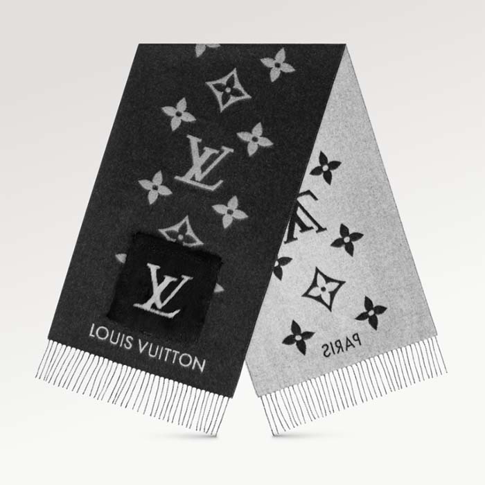 Louis Vuitton LV Unisex Cold Reykjavik Scarf Black Monogram Flowers Cashmere Pockets Mink Fur