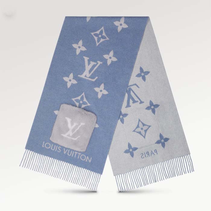 Louis Vuitton LV Unisex Cold Reykjavik Scarf Denim Blue Allover Monogram Flowers Cashmere