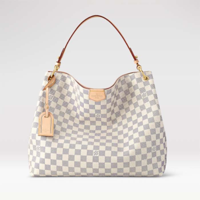 Louis Vuitton LV Unisex Graceful MM Hobo Rose Ballerine Pink Damier Azur Coated Canvas