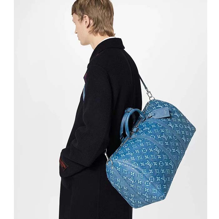 Louis Vuitton LV Unisex Keepall Bandoulière 50 Weekend Bag Denim Blue Cowhide Leather (1)